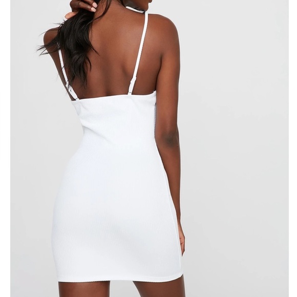 V-Neck Front-Knot Ribbed Bodycon Dress White - Picture 2 of 6
